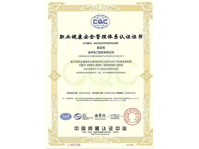 职业健康安全管理体系证书